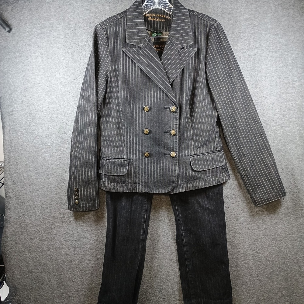 Lauren Jeans CO 2-Piece Suit Womens Large Blazer 8 Pants Double Breasted Striped